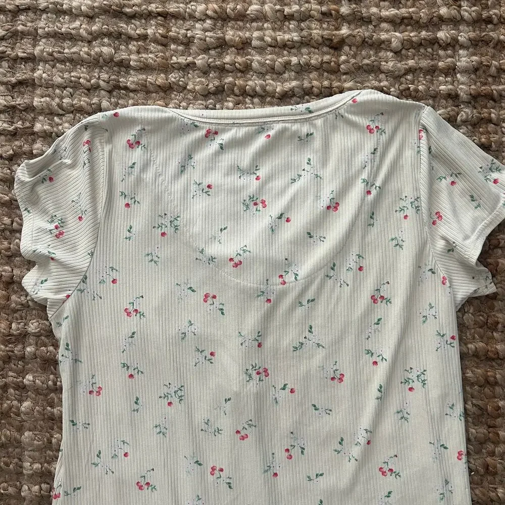 Laura Ashley Floral Ribbed Nightgown Cream Cherry Print Henley Sleep Shirt L